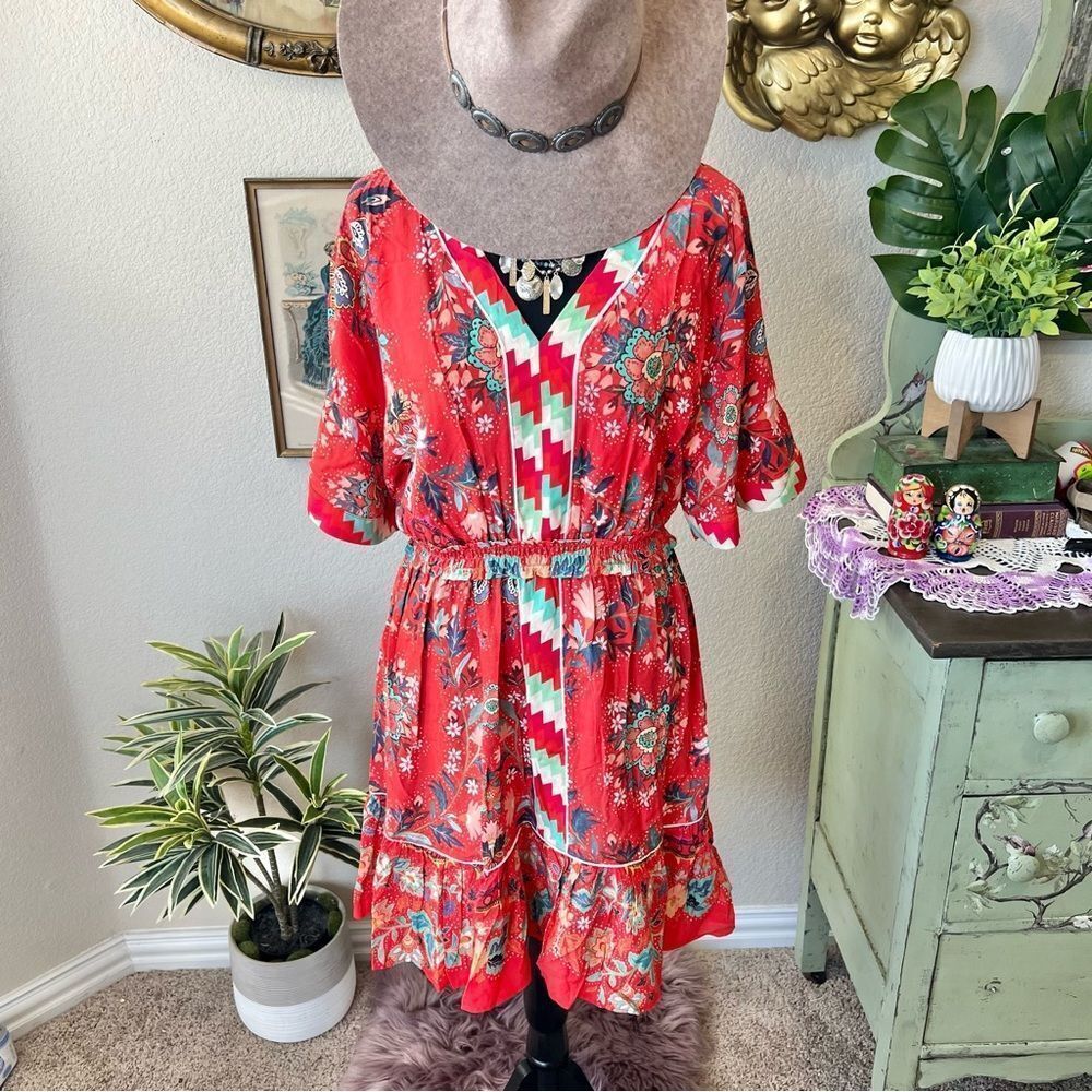 Farm Rio Anthropologie Red Colorful Floral Boho Western Hippie Jane Mini Dress S